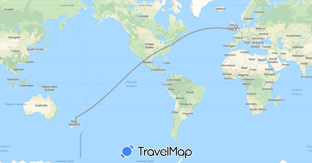 TravelMap itinerary: driving, plane in United Kingdom, New Zealand, United States (Europe, North America, Oceania)